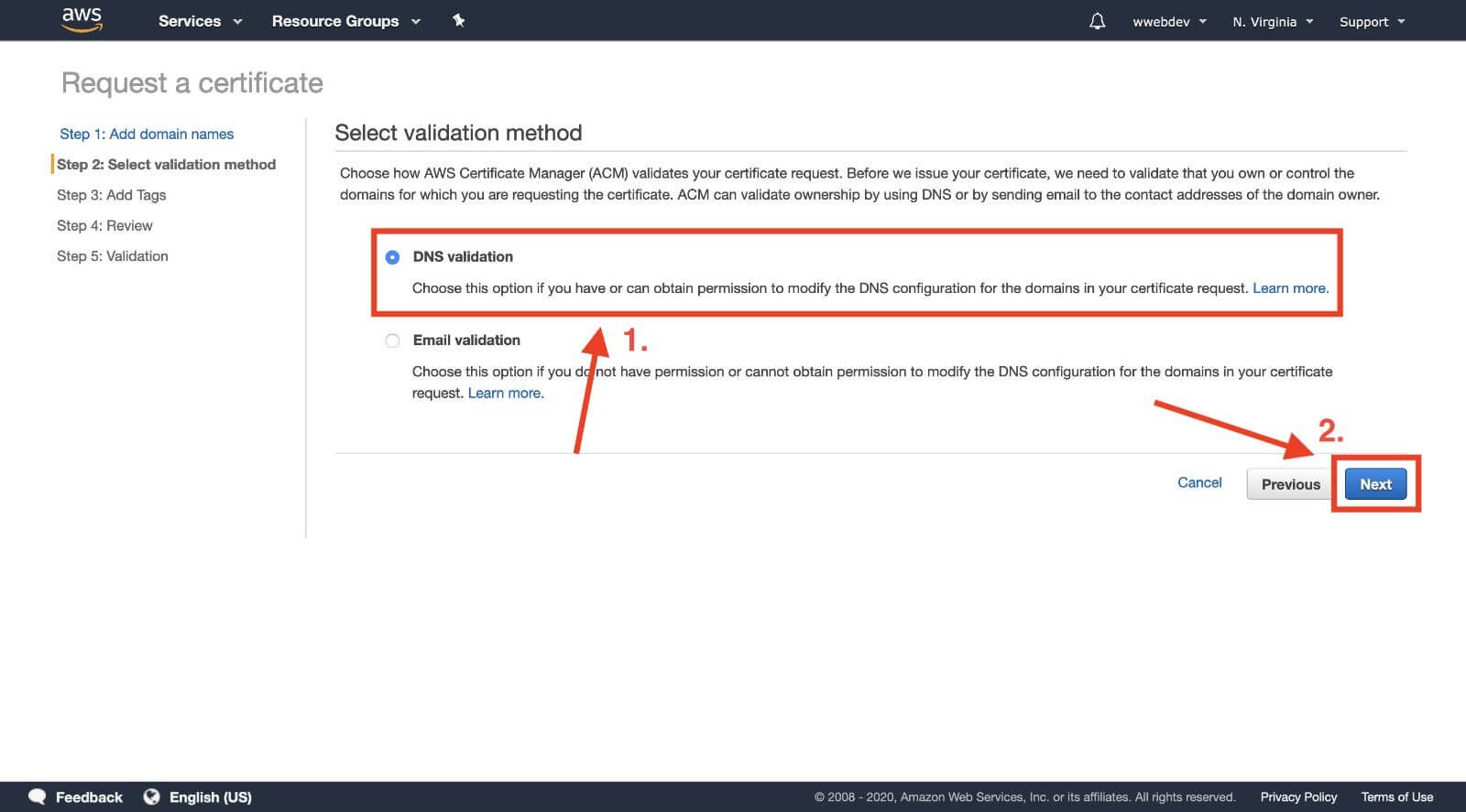 certificate dns validation