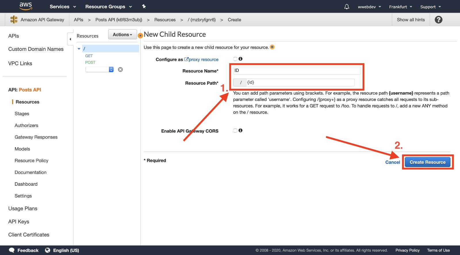 API Gateway create resource details